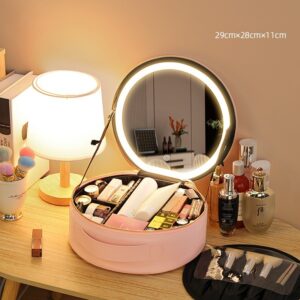 Round Smart LED Makeup Bag With Mirror Lights Women Beauty Bag Large Capacity PU Leather Travel Organizers Cosmetic Case - Image 6