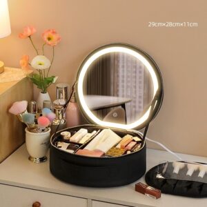 Round Smart LED Makeup Bag With Mirror Lights Women Beauty Bag Large Capacity PU Leather Travel Organizers Cosmetic Case - Image 7